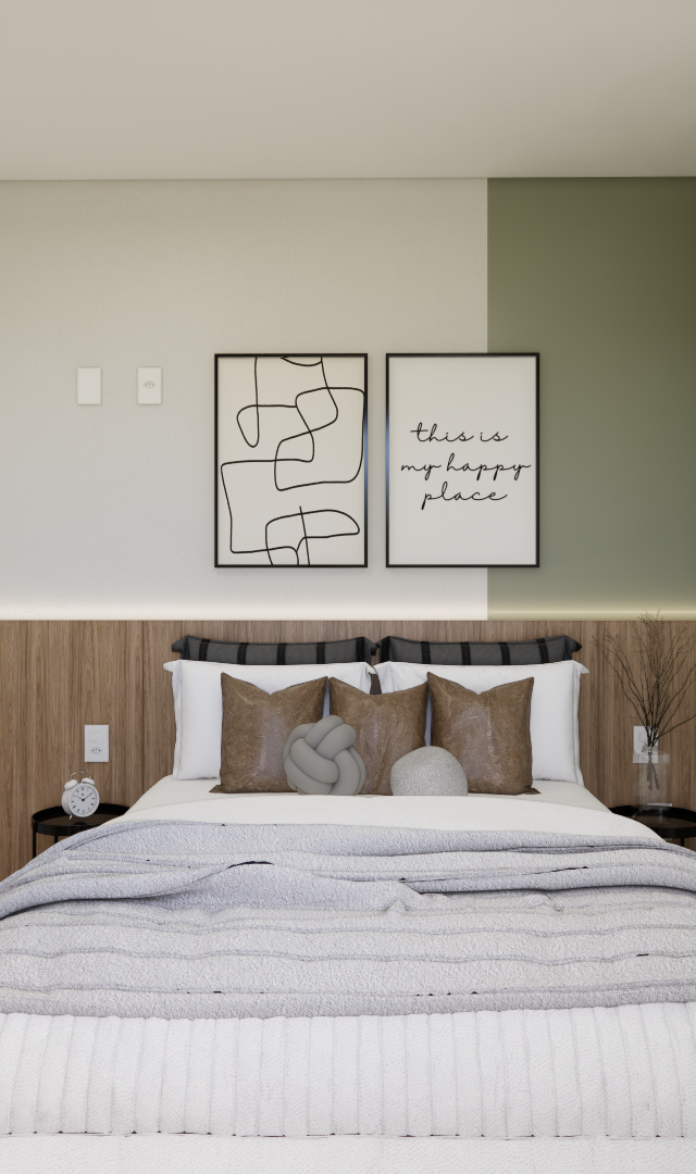 Render 3D de quarto compacto com cama, painel em madeira, parede em tom verde e iluminação indireta suave