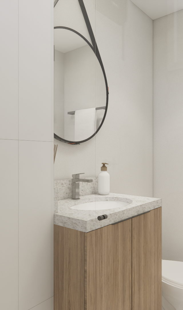 Render 3D de banheiro compacto no Metrocasa Paulista, tons claros, gabinete em madeira, espelho redondo e metais pretos