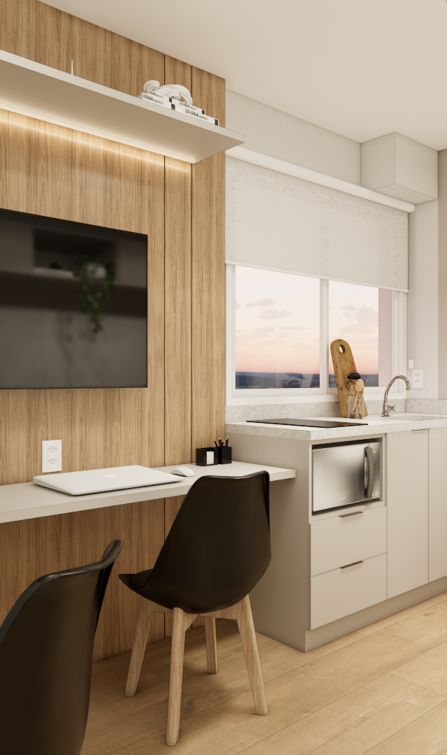 Render 3D de estúdio de 26m² com marcenaria em madeira, mesa com cadeiras pretas, cozinha compacta e iluminação indireta