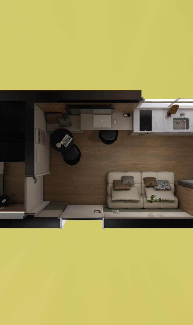 Planta baixa 3D de apartamento de 26 m² com tons neutros, piso amadeirado, mobiliário compacto e iluminação zenital