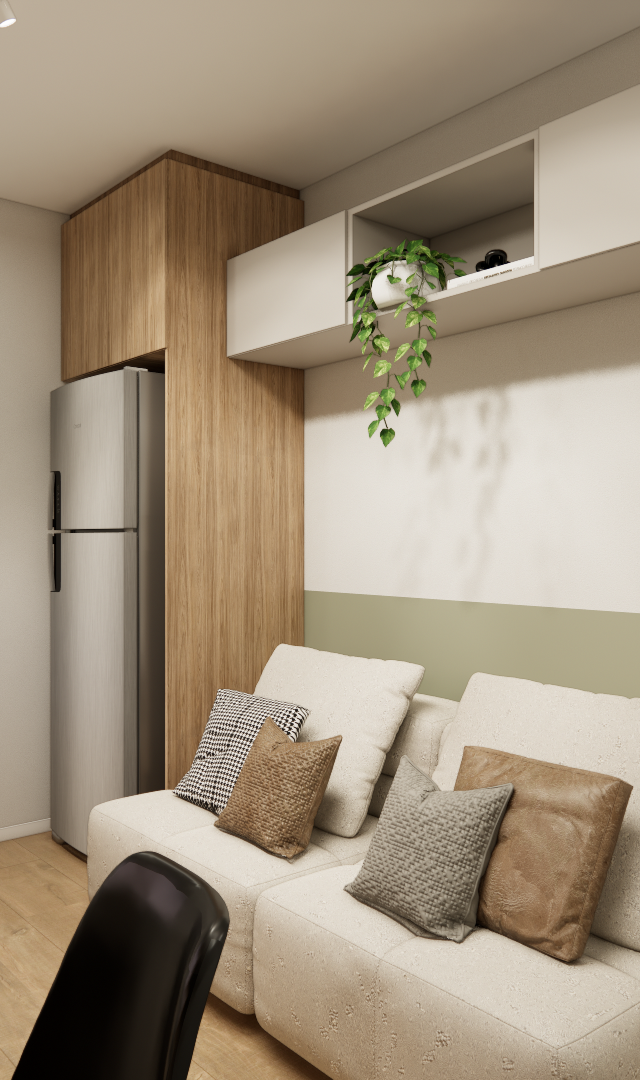 Render 3D de sala e cozinha integradas, marcenaria em tons amadeirados e off-white, sofá bege com almofadas e parede verde