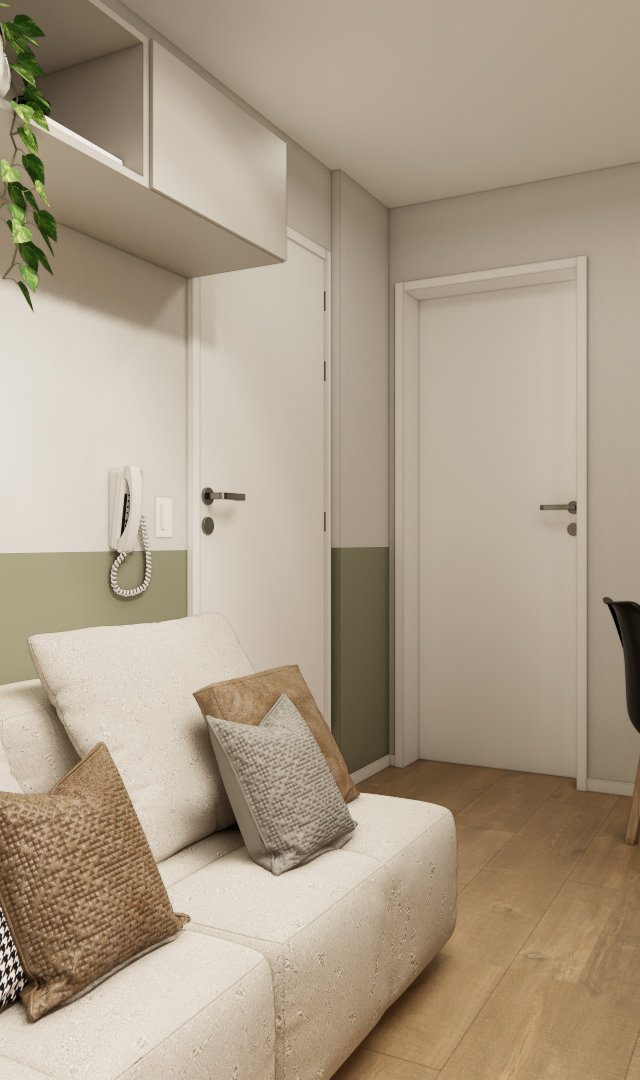 Render 3D de sala de estar compacta com sofá bege, parede bicolor verde e branca, marcenaria clara, mesa e cadeiras pretas
