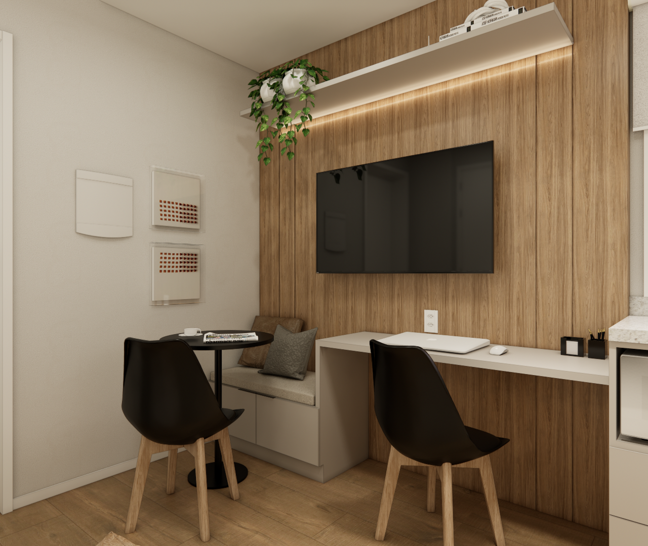 Render 3D de sala e cozinha integrada com marcenaria em madeira, parede com TV, mesa redonda e bancada de trabalho