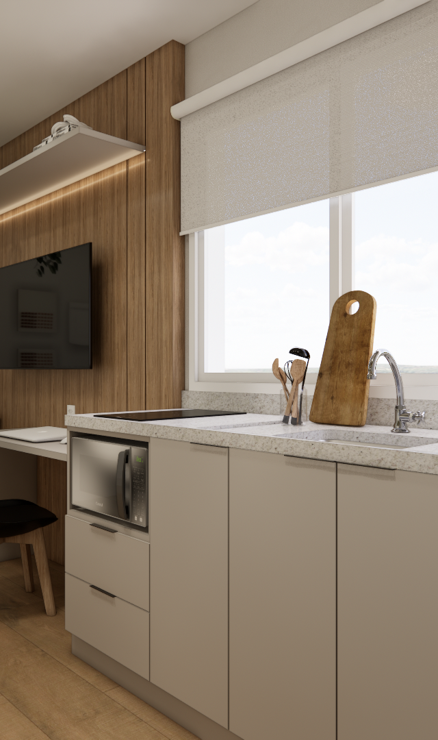 Render 3D de estúdio com cozinha em tons bege, bancada de pedra, painel de madeira, mesa de jantar e sofá neutro
