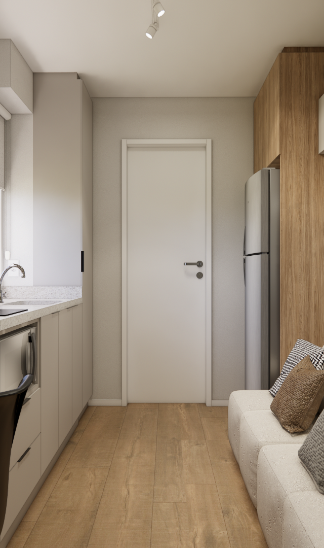 Render 3D de estúdio compacto com cozinha linear em tons claros, marcenaria amadeirada, sofá bege e piso vinílico amadeirado