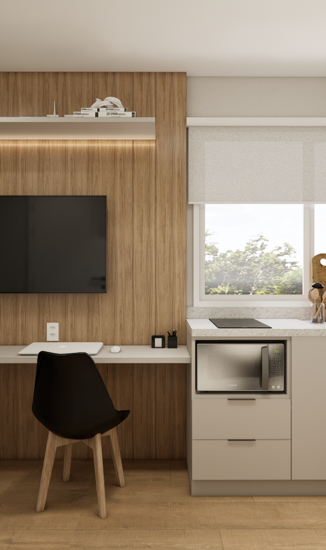 Render 3D de estúdio de 26m² com marcenaria em madeira e tons neutros, mesa de jantar, home office e cozinha compacta
