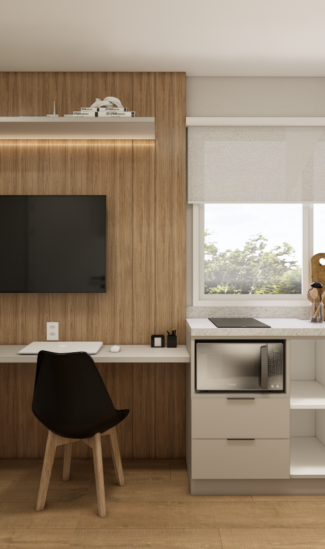 Render 3D de estúdio com marcenaria em madeira e branco, bancada de trabalho, cozinha compacta, TV e iluminação em LED