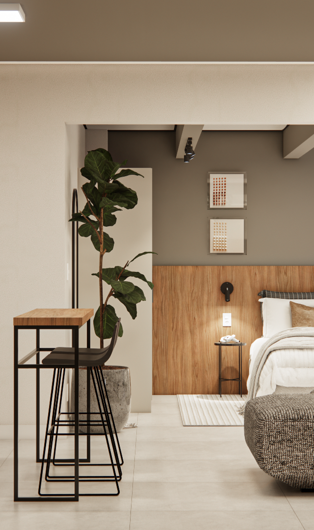 Render 3D do RM - NEXT VILA NOVA: estúdio com cozinha em marcenaria amadeirada, sofá cinza, quarto integrado e tons neutros