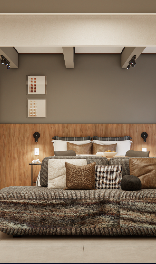 Render 3D do RM - NEXT VILA NOVA: estúdio com sofá cinza, painel de madeira, iluminação quente e tons neutros modernos