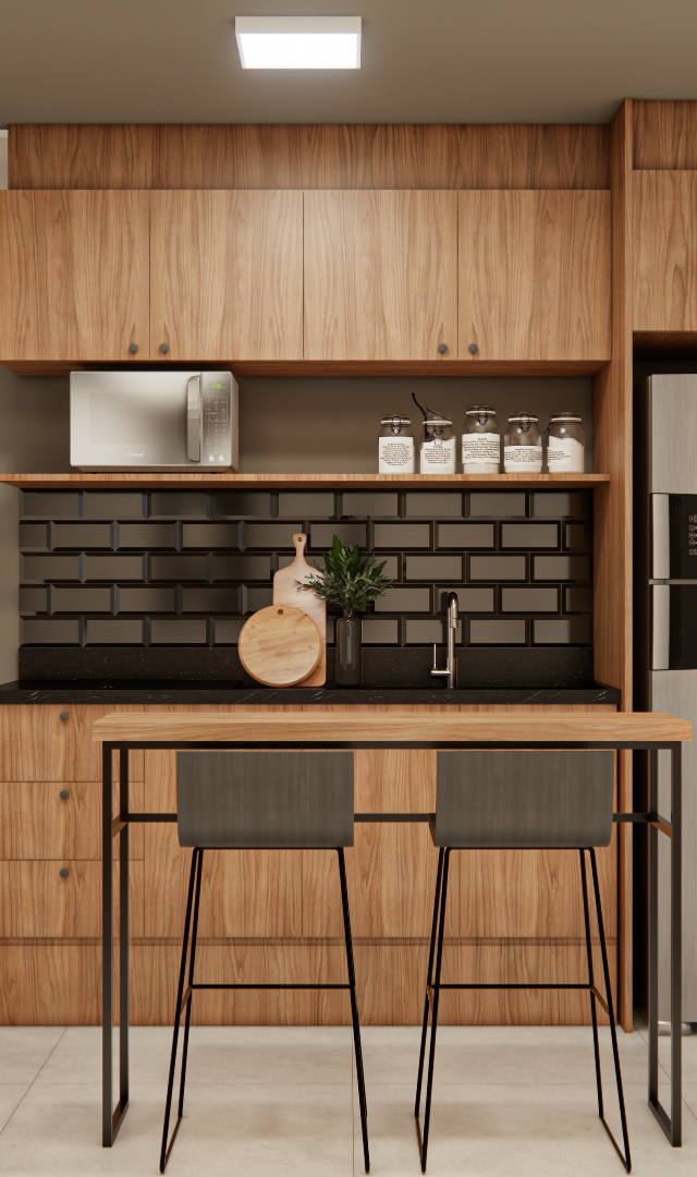 Render 3D da cozinha RM - NEXT VILA NOVA com marcenaria amadeirada, azulejos pretos, bancada escura e iluminação embutida