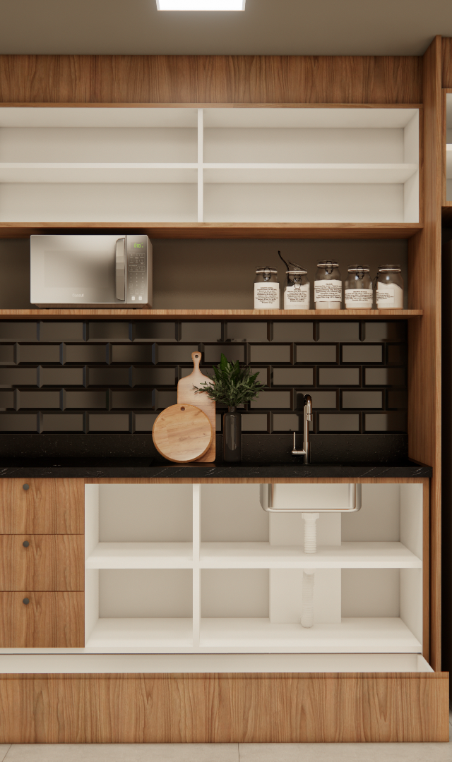 Render 3D de cozinha RM - NEXT VILA NOVA com marcenaria em madeira e branco, azulejos pretos e geladeira de inox