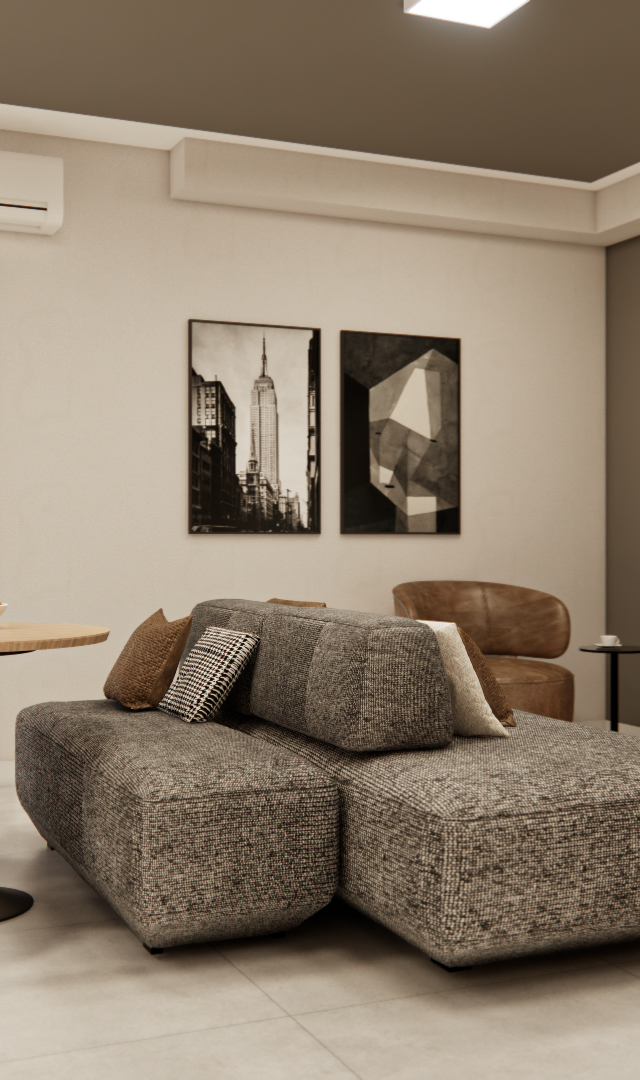 Render 3D da sala de estar no RM - NEXT VILA NOVA com sofá modular cinza, mesa de jantar, móvel de madeira e iluminação suave