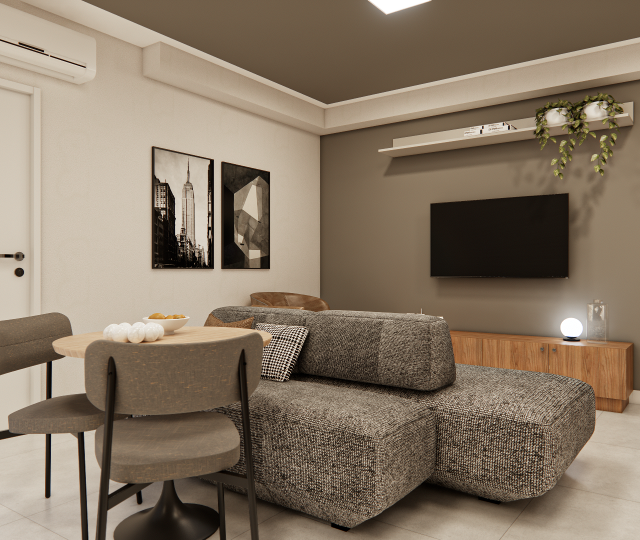 Render 3D de sala RM - NEXT VILA NOVA com sofá cinza, mesa de jantar redonda, marcenaria em madeira e paredes em tons neutros