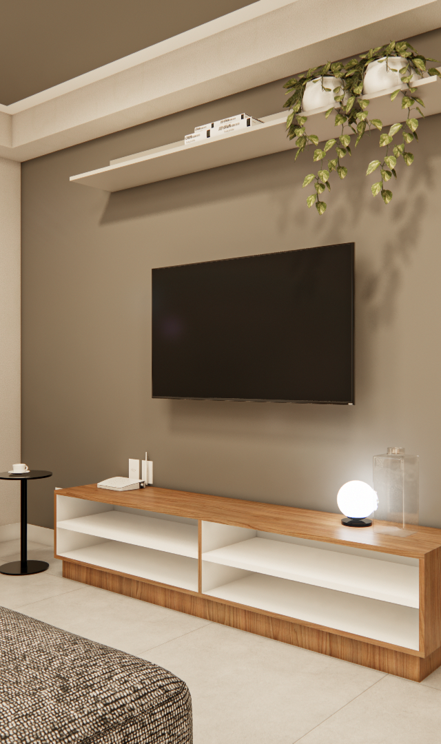 Render 3D da sala do RM - NEXT VILA NOVA com parede bege, TV, rack em madeira, poltrona de couro e decoração minimalista