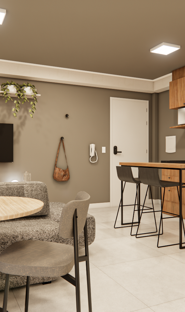 Render 3D do RM - NEXT VILA NOVA: sala e cozinha integradas, marcenaria em madeira, tons neutros e iluminação embutida