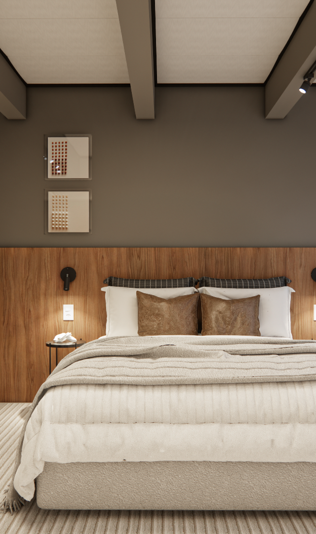 Render 3D de quarto no RM - NEXT VILA NOVA, com painel de madeira, armários bege, vigas aparentes e iluminação quente