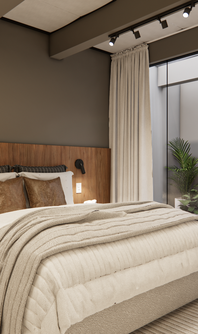 Render 3D de dormitório RM - NEXT VILA NOVA com marcenaria em madeira, cama, iluminação em trilho e área de serviço envidraçada
