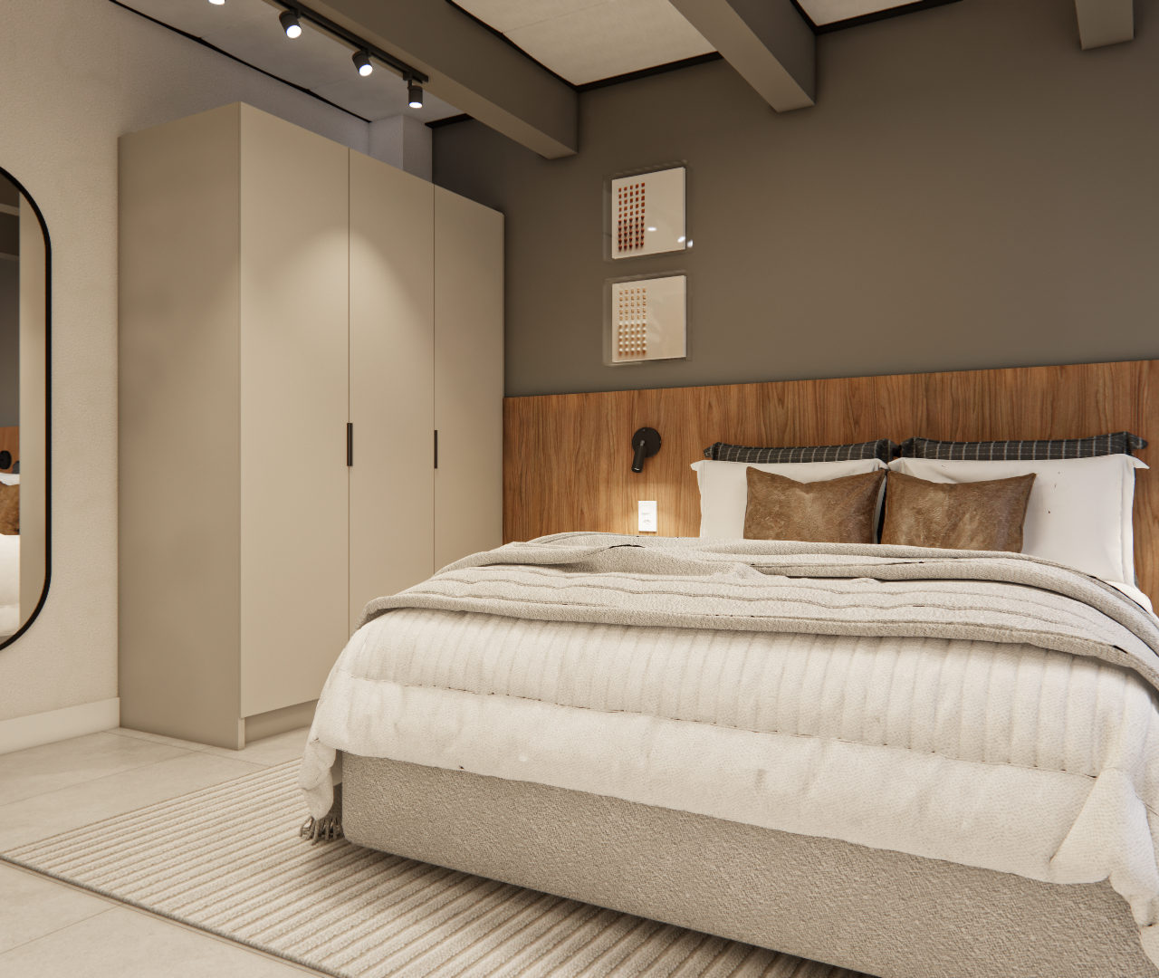 Render 3D de quarto no RM - NEXT VILA NOVA com marcenaria em madeira, armário bege, iluminação quente e espelho oval