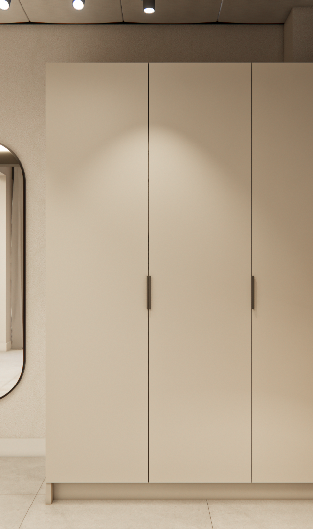 Render 3D: armário bege, espelho oval e planta em vaso cinza no RM - NEXT VILA NOVA, com painel amadeirado e iluminação foco