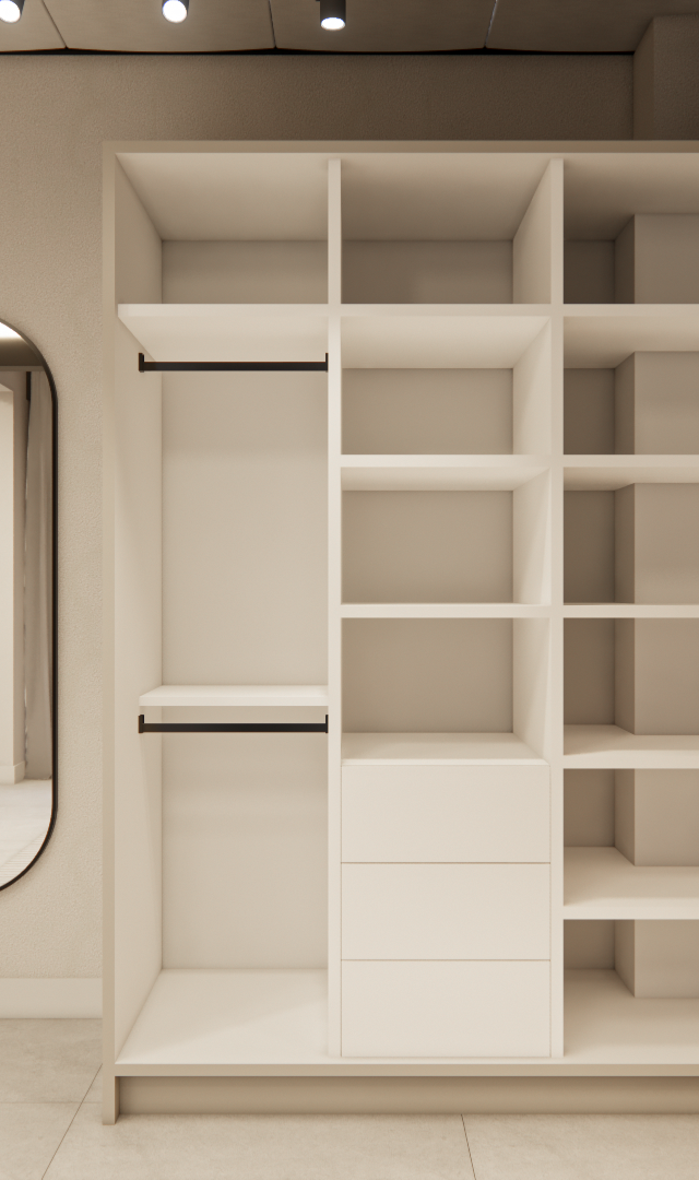 Render 3D RM - NEXT VILA NOVA: closet aberto branco com prateleiras, espelho oval, planta em vaso cinza e painel de madeira
