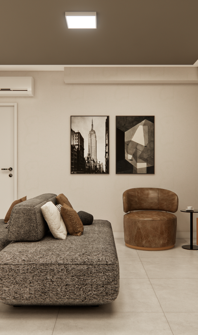 Render 3D da sala do RM - NEXT VILA NOVA com sofá cinza, poltrona de couro, móvel de madeira e parede em tons neutros