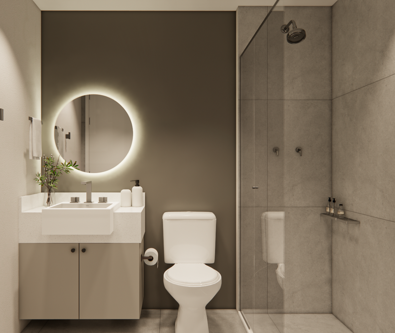 Render 3D de banheiro moderno no RM - NEXT VILA NOVA, tons de cinza e bege, espelho redondo iluminado e box de vidro