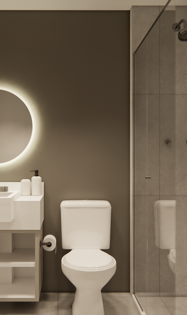Render 3D de banheiro RM - NEXT VILA NOVA com parede cinza, espelho redondo iluminado, gabinete branco e box de vidro