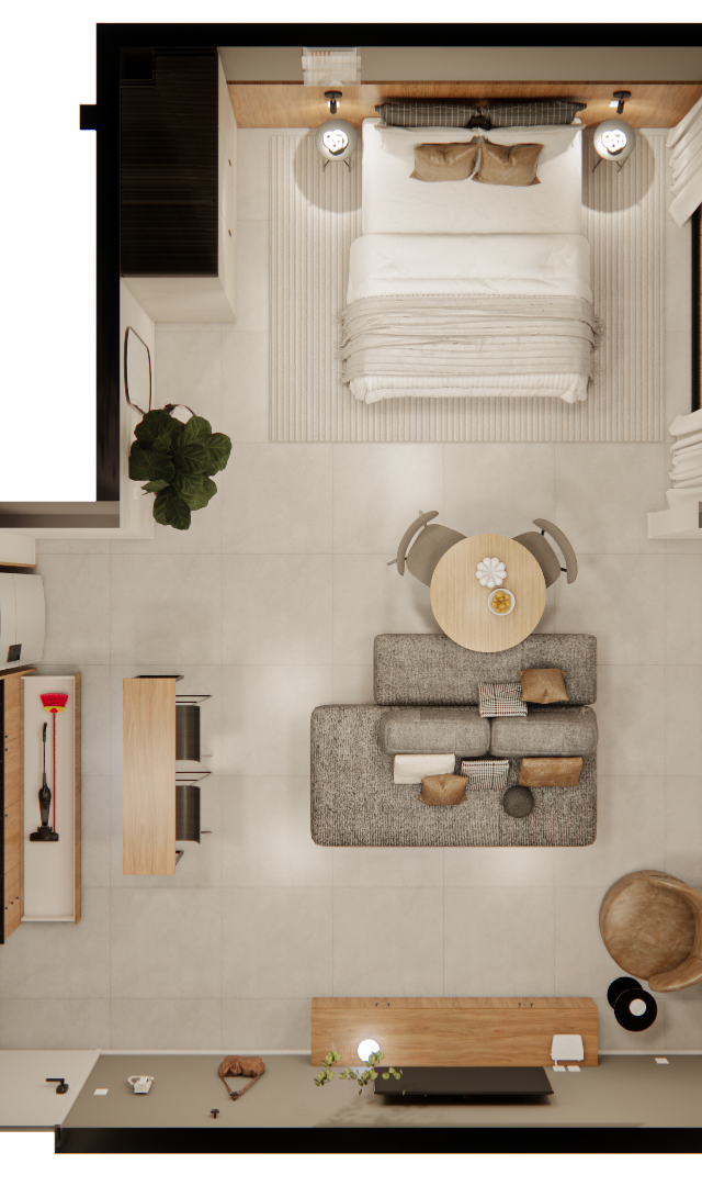 Planta baixa 3D de apartamento RM - NEXT VILA NOVA com sala, cozinha linear, mesa redonda, sofá cinza e suíte iluminada