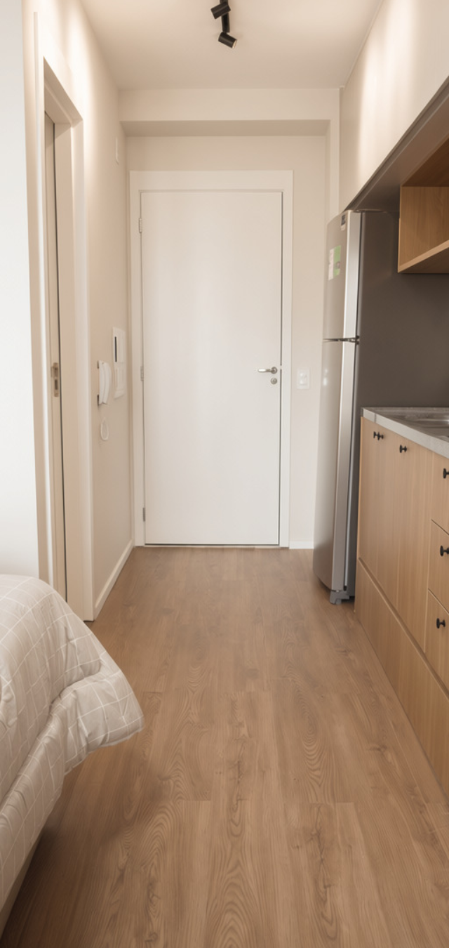 Obra pronta: Corredor de entrada com cozinha de madeira, geladeira inox, espelho orgânico e cama em primeiro plano