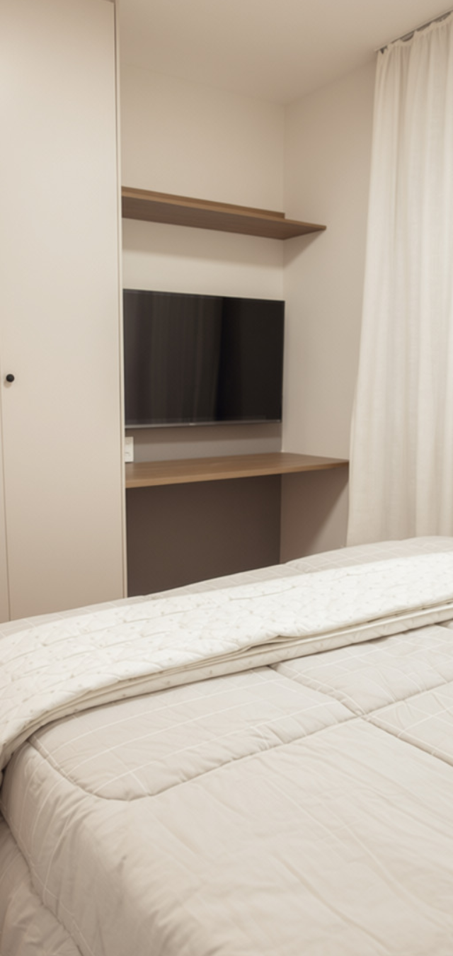 Obra pronta: Cama de casal ao lado de armário claro, painel com TV, bancada e cortina branca