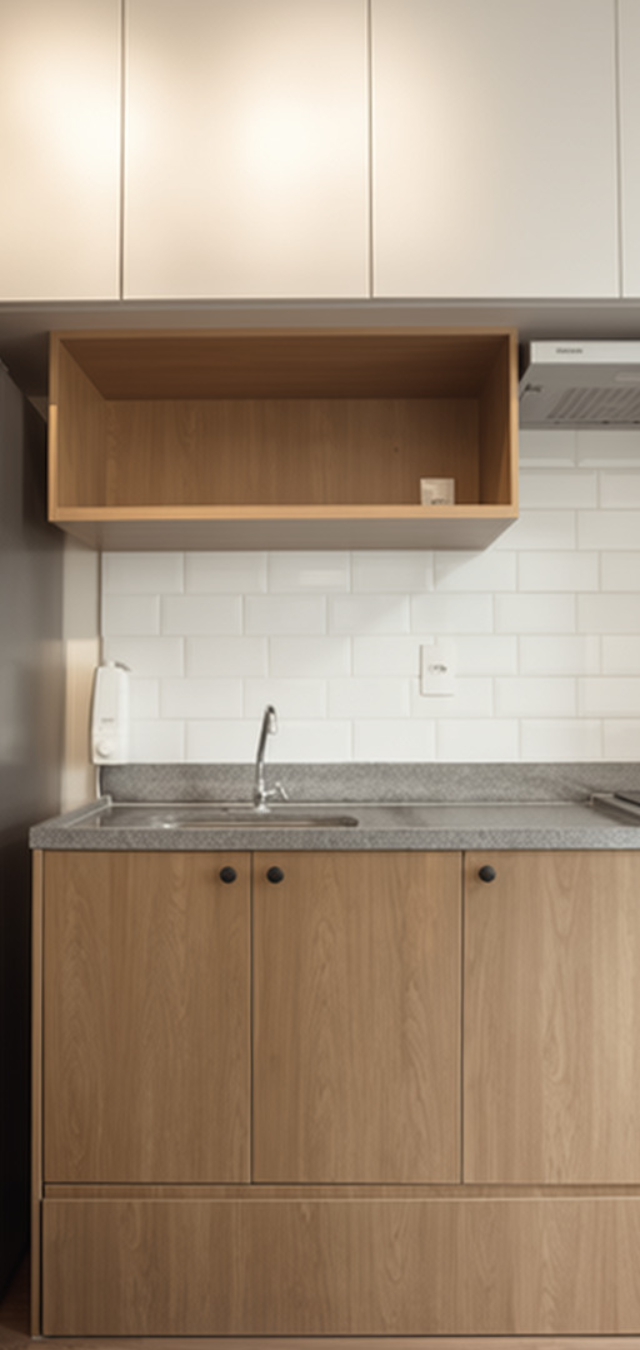 Obra pronta: Cozinha com armários de madeira, revestimento metrô branco, coifa, nicho e geladeira inox