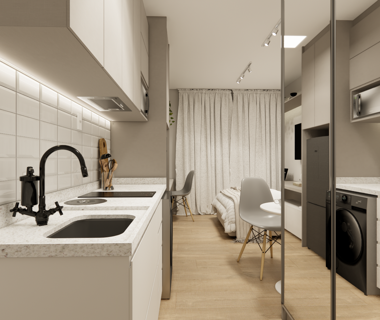 Cozinha branca com torneira escura, bancada clara, revestimento retangular e iluminação contínua sob os armários superiores.