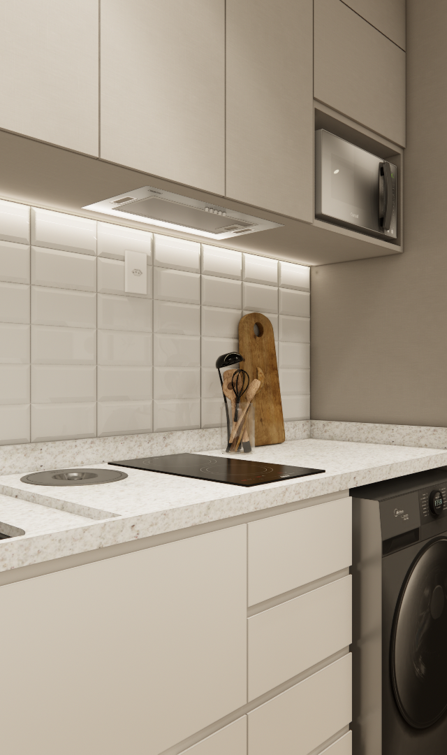 Render 3D de cozinha compacta em tons neutros com armários beges, bancada em granilite e azulejos brancos tipo metrô
