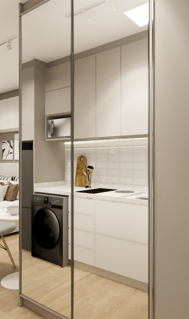 Render 3D de estúdio com cozinha linear e quarto integrado em tons neutros, marcenaria clara e piso amadeirado