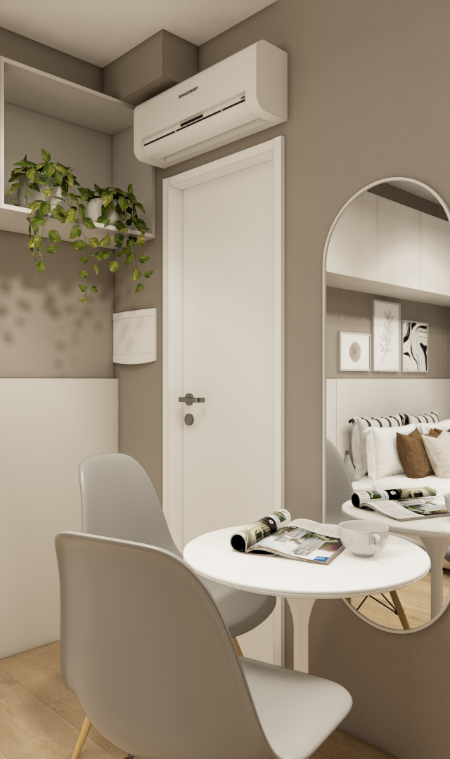 Render 3D de sala de estar com mesa redonda, cadeiras cinzas, marcenaria clara, espelho oval, tons neutros e iluminação