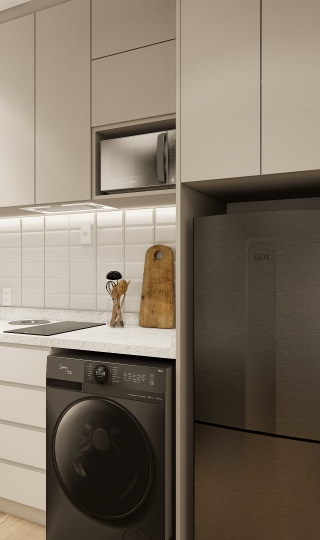 Render 3D de cozinha compacta RS-Metro Casa 9 de Julho com marcenaria cinza, eletrodomésticos pretos e luz indireta