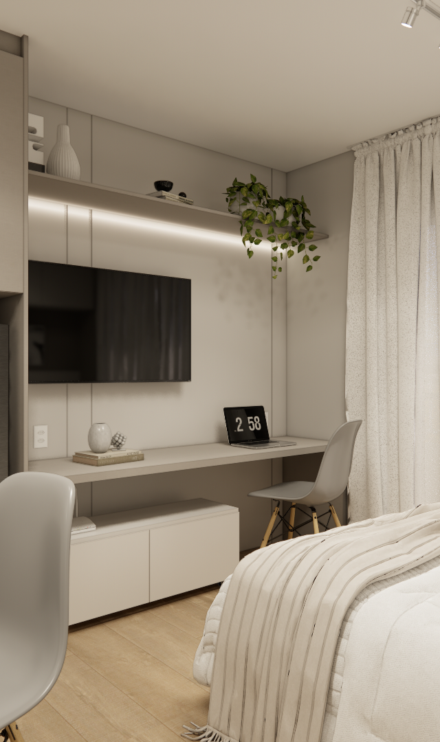 Render 3D de estúdio RS-Metro Casa 9 de Julho com marcenaria cinza, cozinha compacta, bancada de trabalho e cama tons terrosos