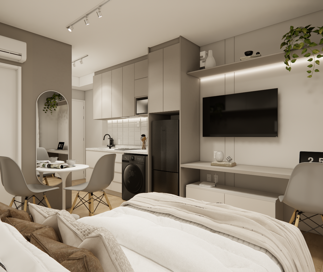 Render 3D de estúdio RS- Metro Casa 9 de Julho com tons neutros, marcenaria cinza, cozinha integrada e iluminação led