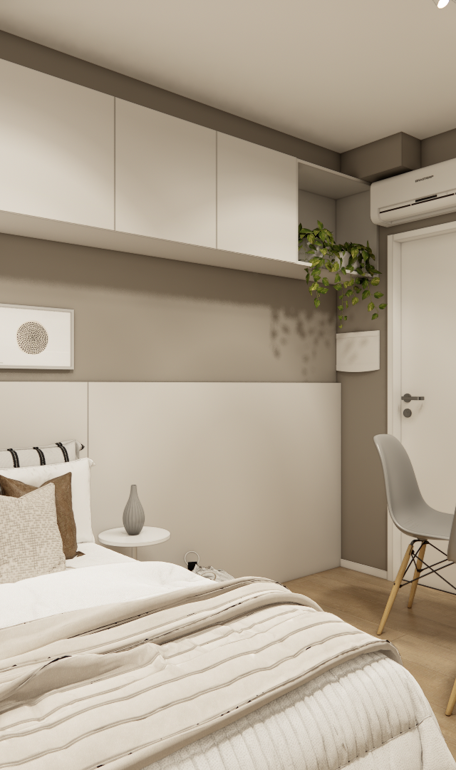 Render 3D de quarto no Metro Casa 9 de Julho com marcenaria branca, tons terrosos, cama, mesa e espelho oval moderno