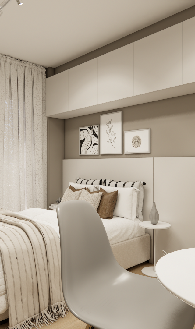Render 3D de quarto no Metro Casa 9 de Julho com móveis neutros, marcenaria clara, cama com mantas e iluminação quente