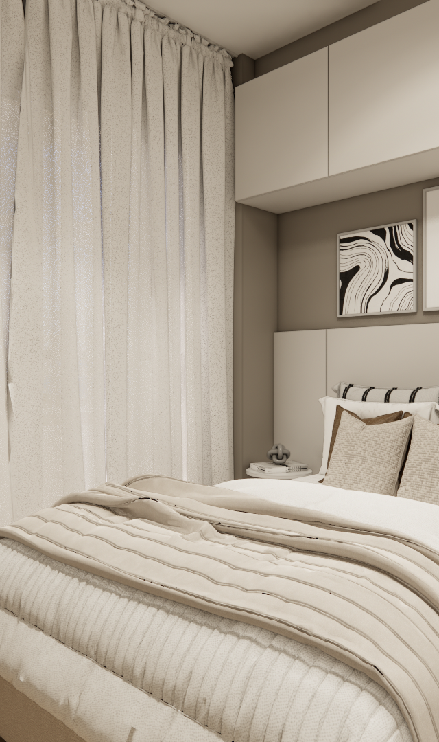 Render 3D de dormitório no Metro Casa 9 de Julho com tons neutros, marcenaria planejada, cortinas claras e cama de casal