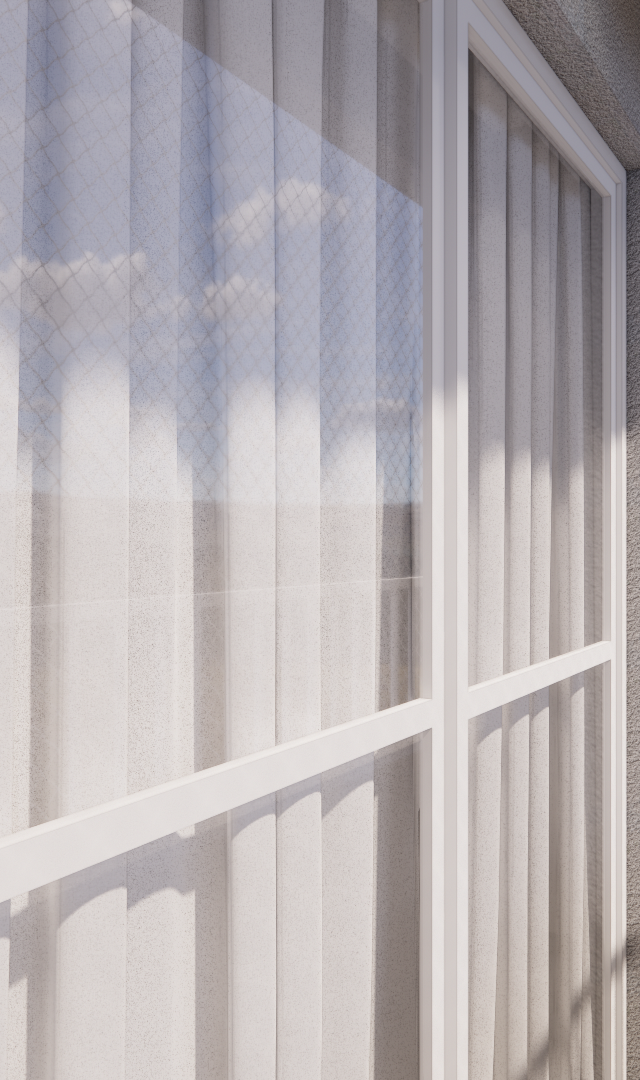 Render 3D de varanda do projeto Metro Casa 9 de Julho com portas de correr, cortinas claras, rede de proteção e luz solar
