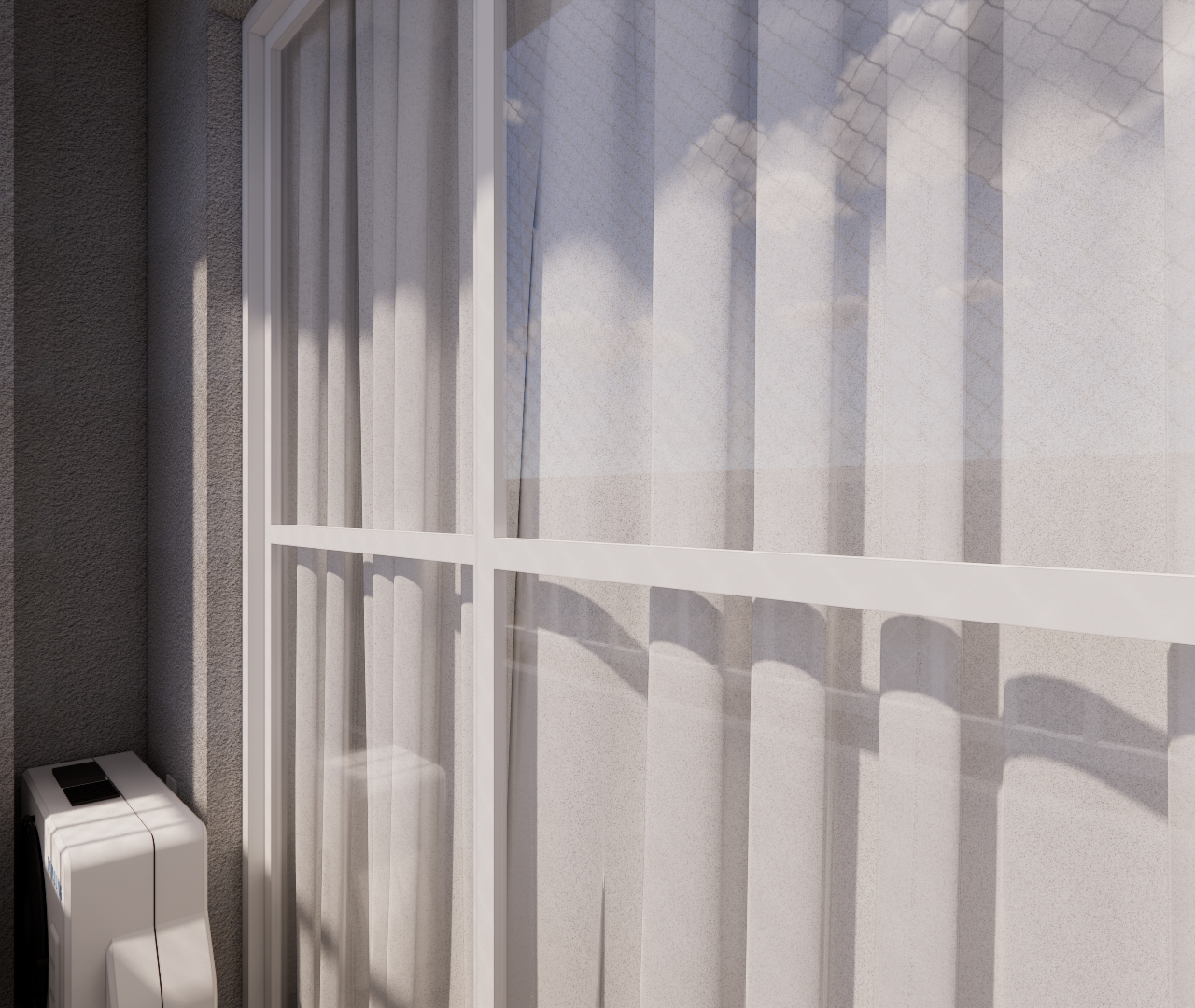 Render 3D da varanda do projeto Metro Casa 9 de Julho com porta de correr, cortina branca, luz natural e condensadora