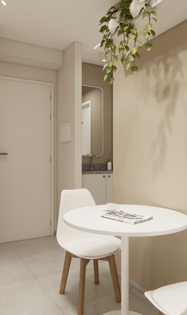 Render 3D de cozinha e sala de jantar em apartamento: marcenaria clara e amadeirada, mesa redonda branca e iluminação neutra