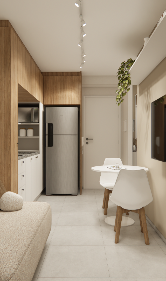 Render 3D de sala e cozinha integrada, tons neutros, marcenaria em madeira, sofá bege, mesa redonda e iluminação por trilho
