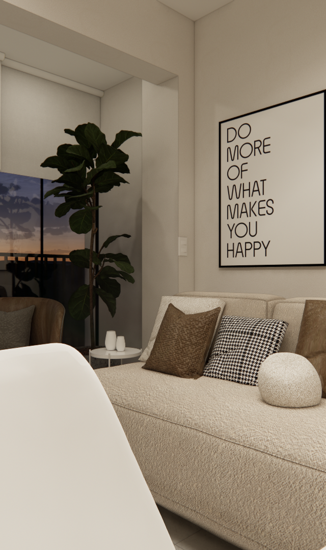 Render 3D da sala do B.SIDE Faria Lima com sofá bege, poltrona marrom, planta alta e parede com quadro em tons neutros