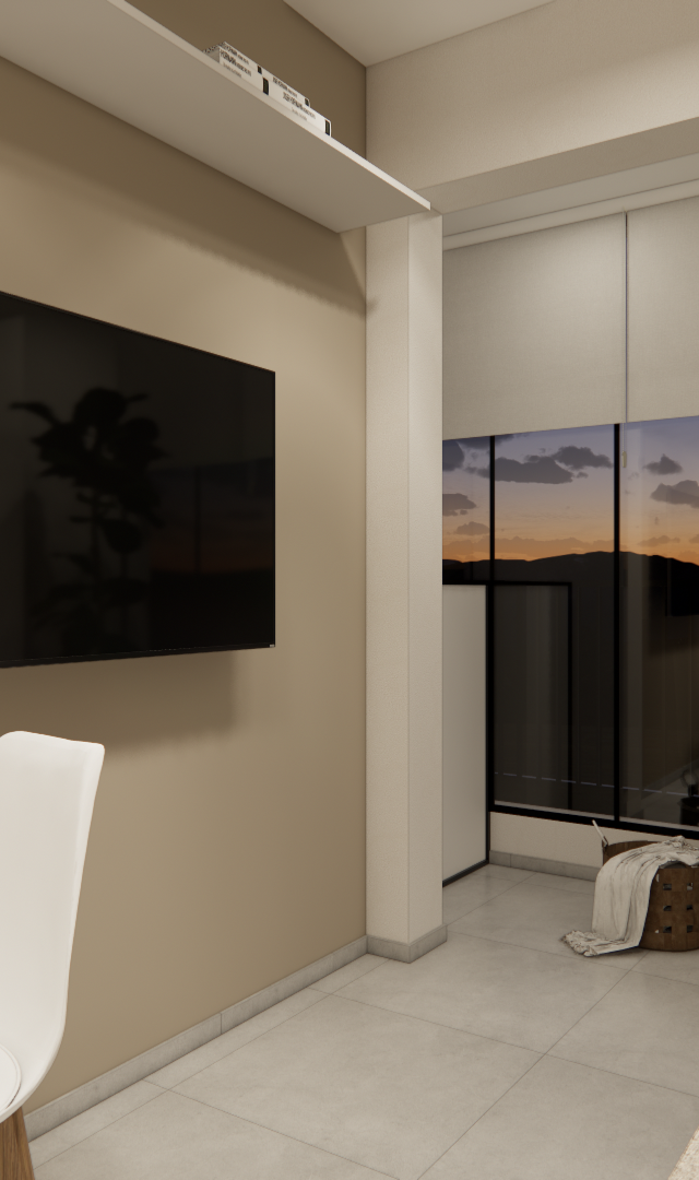 Render 3D de sala de estar bege com poltrona marrom, TV na parede, mesa branca e planta, vista para o pôr do sol na sacada