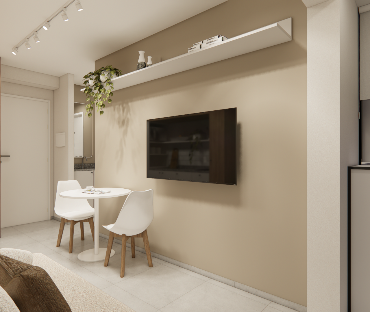 Render 3D de sala e cozinha integrada, tons neutros, mesa de jantar redonda, tv suspensa e prateleira em parede bege