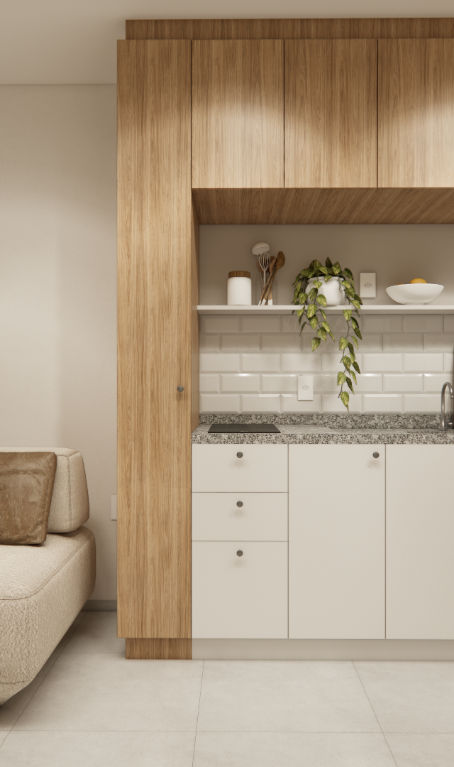 Render 3D de sala e cozinha integrada, tons neutros, marcenaria em madeira e branco, sofá bege e azulejo tipo metrô branco