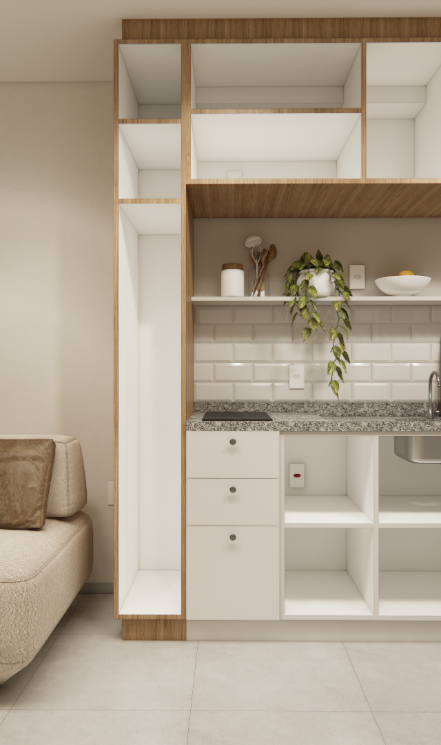 Render 3D de estúdio com marcenaria em tons de madeira e branco, sofá bege, bancada de granito e geladeira inox na cozinha